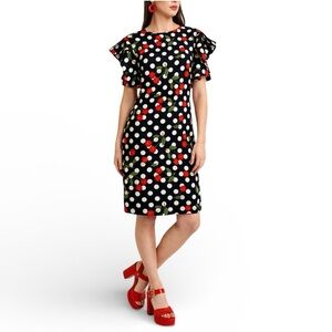 Retro Cherry Polka Dot Dress | Rockabilly Pinup Wiggle Midi Flutter Sleeve | L